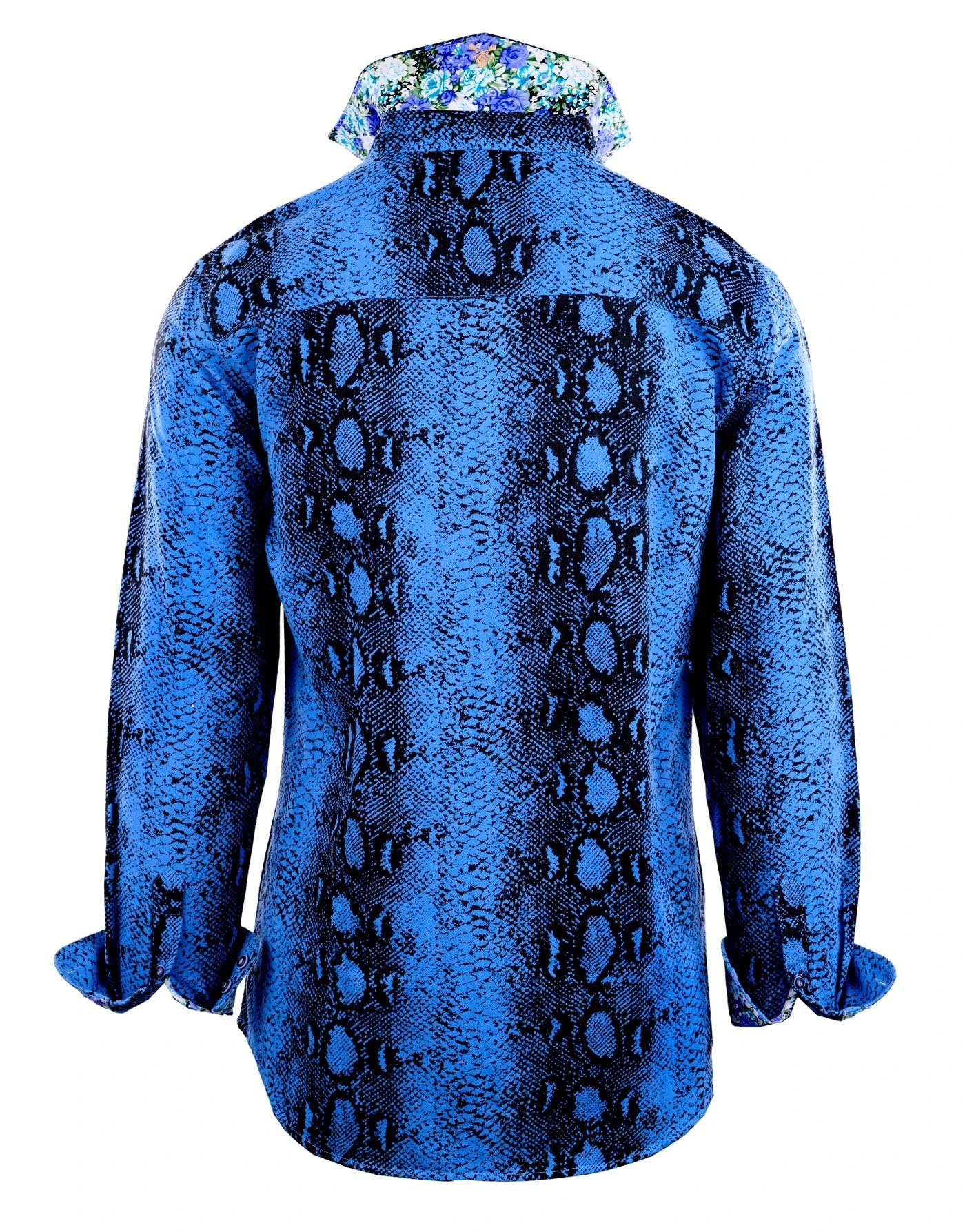 Back view of Lizard King Blue faux snake pattern shirt with rolled cuffs showing floral contrast fabric