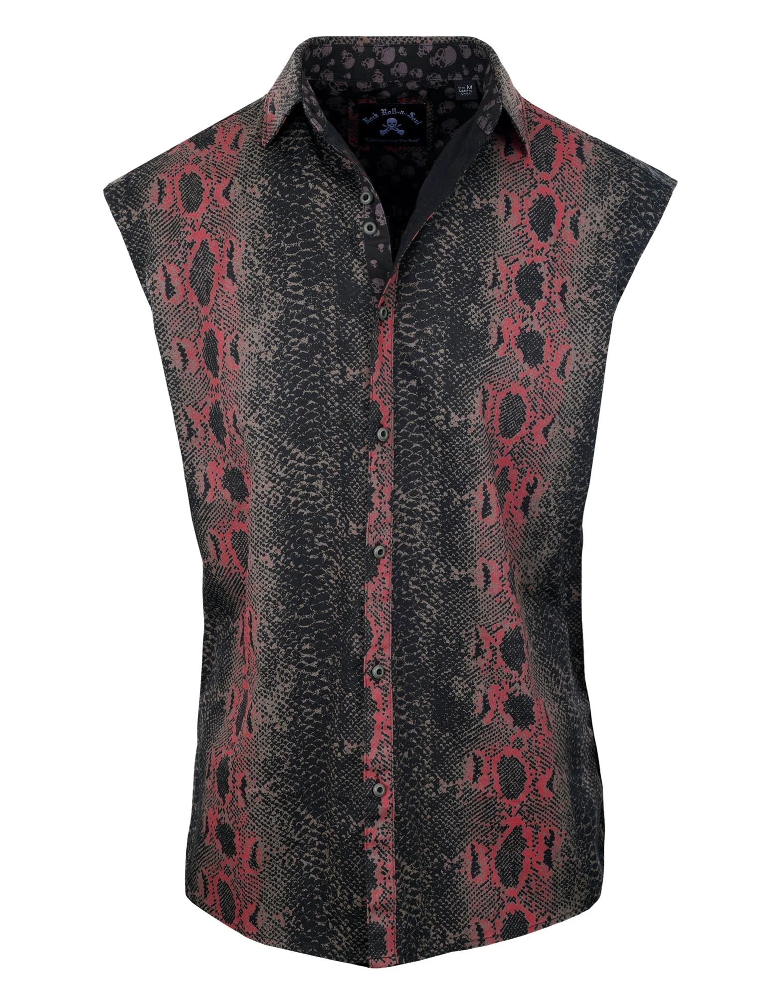 red and black snakeskin sleeveless shirt front view with open collar and button-up rock fashion design
