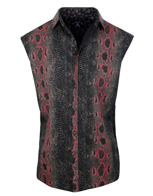 red and black snakeskin sleeveless shirt front view with open collar and button-up rock fashion design