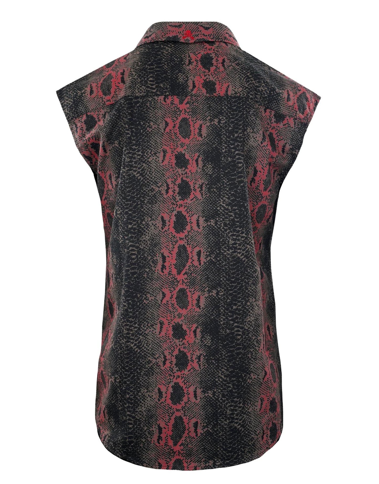 back view of red snakeskin sleeveless shirt with black pattern and curved hem rock fashion style