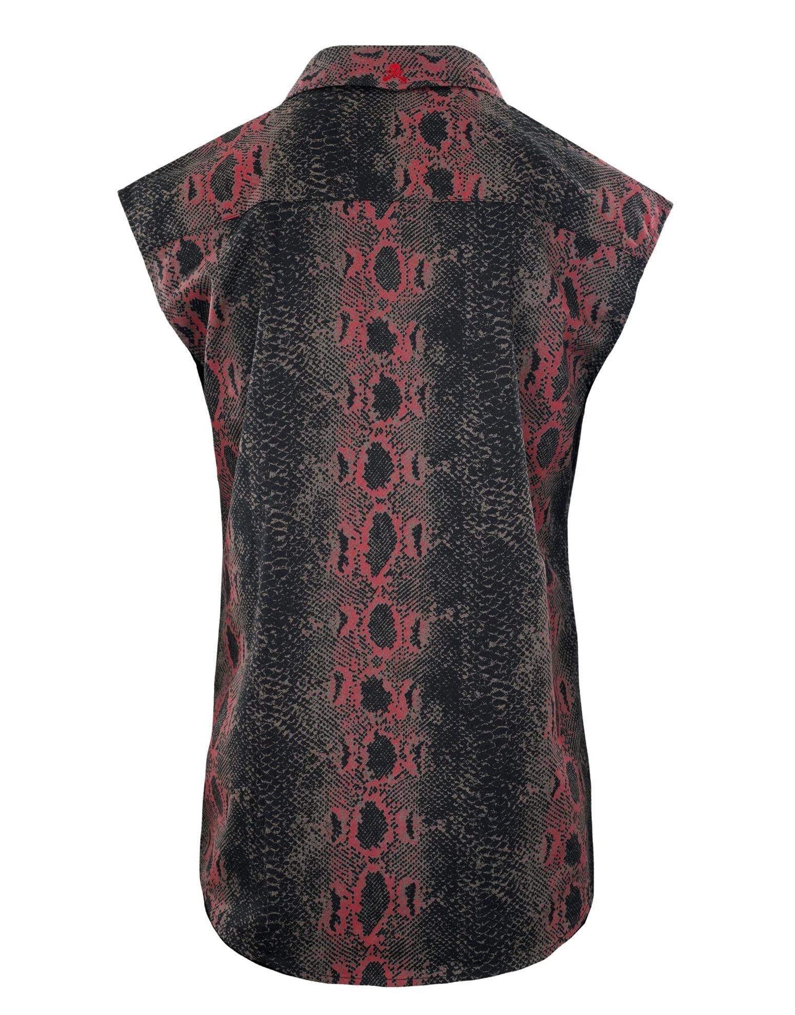 back view of red snakeskin sleeveless shirt with black pattern and curved hem rock fashion style