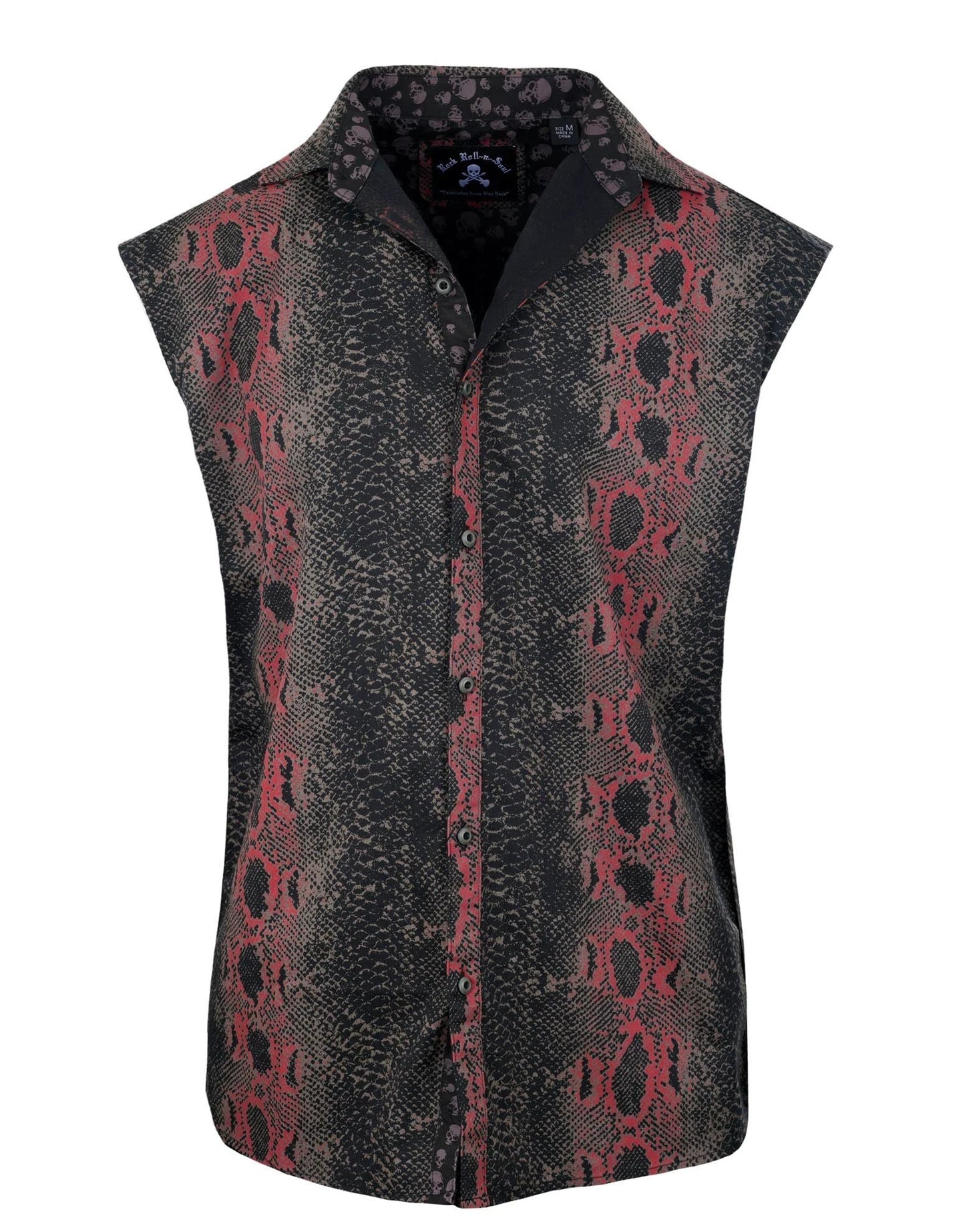 red and black snakeskin sleeveless button-up shirt front view with collar and rock inspired pattern