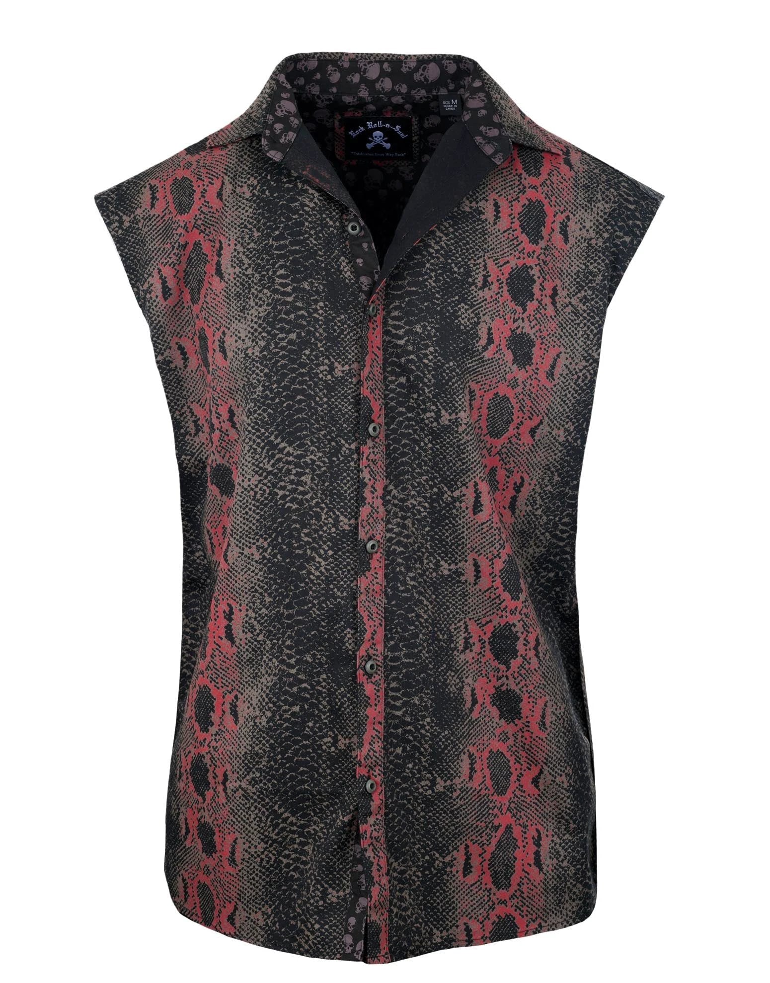 red and black snakeskin sleeveless button-up shirt front view with collar and rock inspired pattern