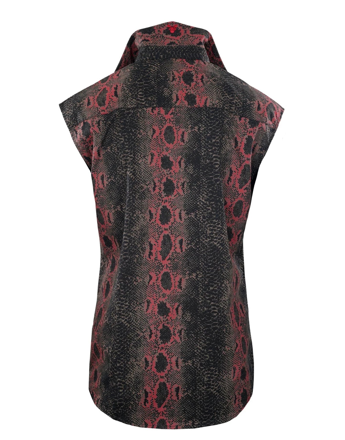 red and black snakeskin sleeveless button-up shirt back view with rock style design and relaxed fit