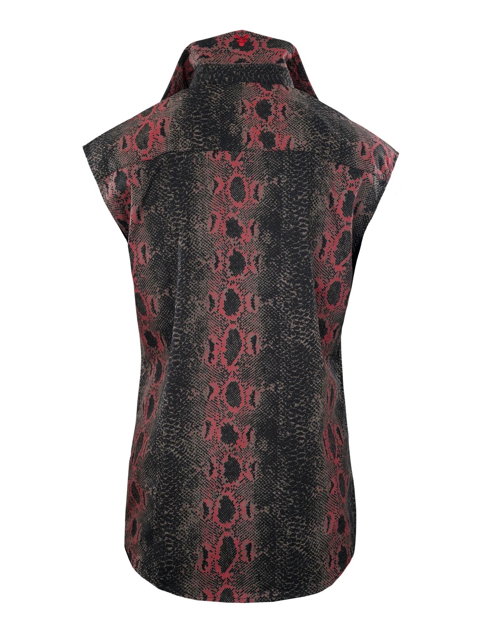 red and black snakeskin sleeveless button-up shirt back view with rock style design and relaxed fit
