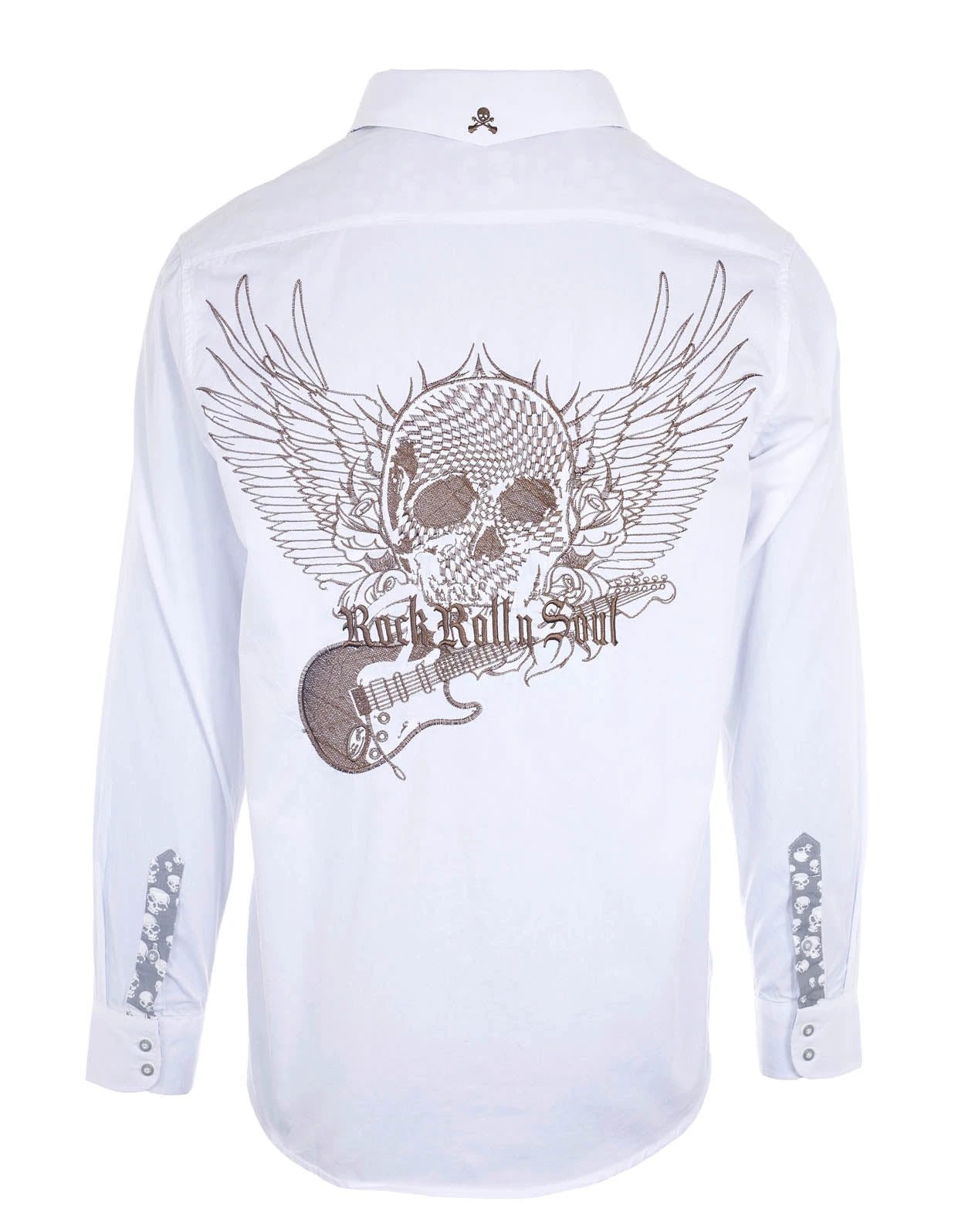 Flying Skull & Guitar Shirt back view with large embroidered winged skull and electric guitar graphic on white poplin cotton rock button-up shirt.