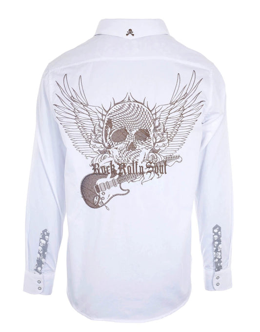 Flying Skull & Guitar Shirt back view with large embroidered winged skull and electric guitar graphic on white poplin cotton rock button-up shirt.