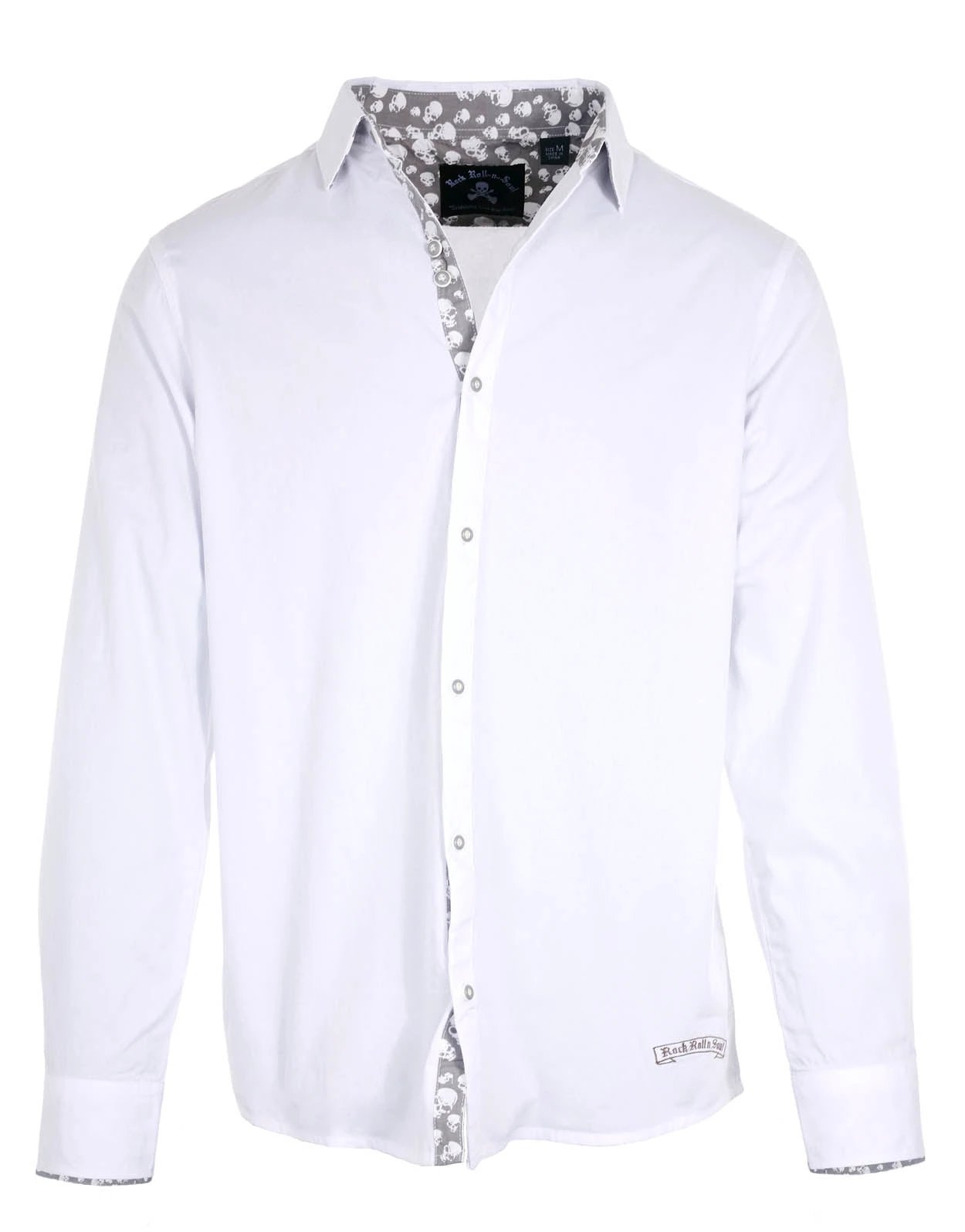 Flying Skull & Guitar Shirt front view with sleeves rolled showing skull contrast cuff fabric on white rock-inspired cotton button-up.