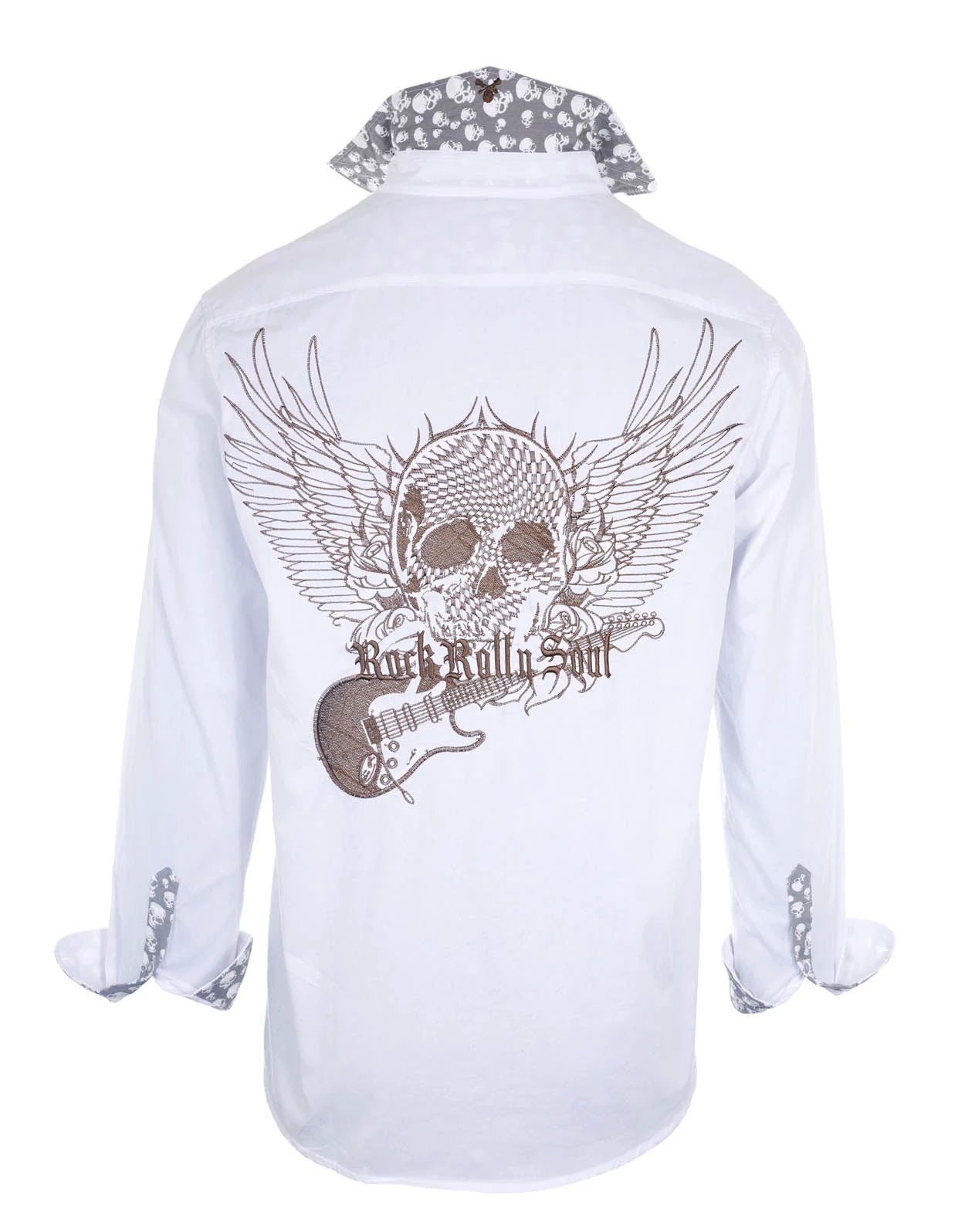 White Flying Skull & Guitar Shirt back view featuring embroidered winged skull, electric guitar graphic, and rock roll soul design.