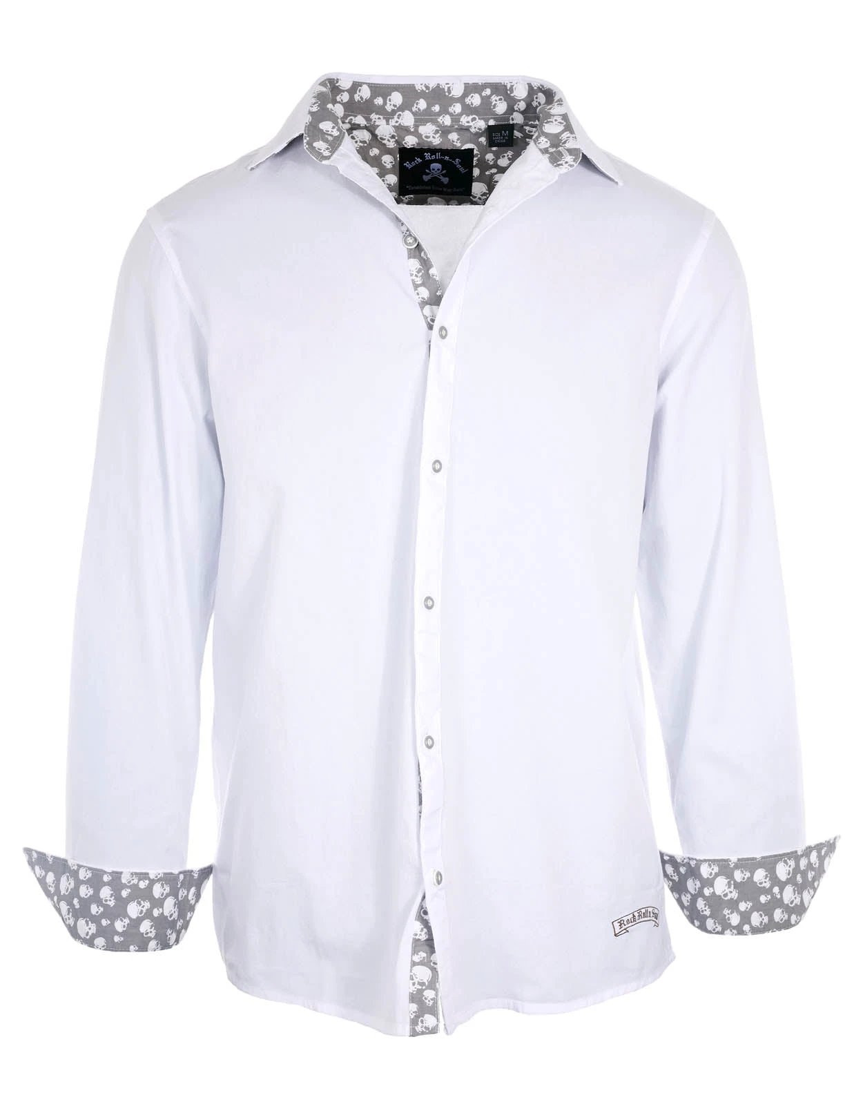 Flying Skull & Guitar Shirt front view white poplin cotton button-up shirt with skull contrast inner collar and placket rock style design.