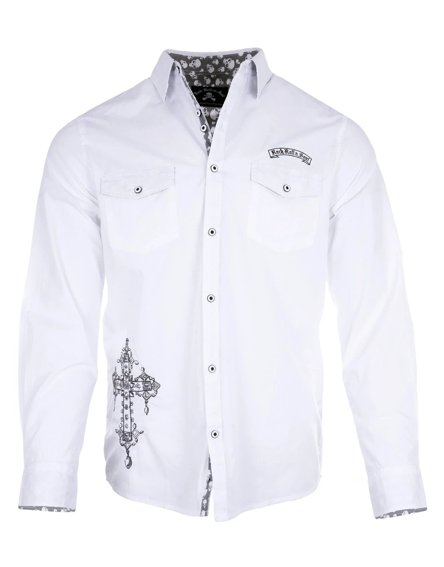 Music Is My Salvation II Shirt front view white premium cotton button-up with embroidered cross detail and skull contrast collar lining.