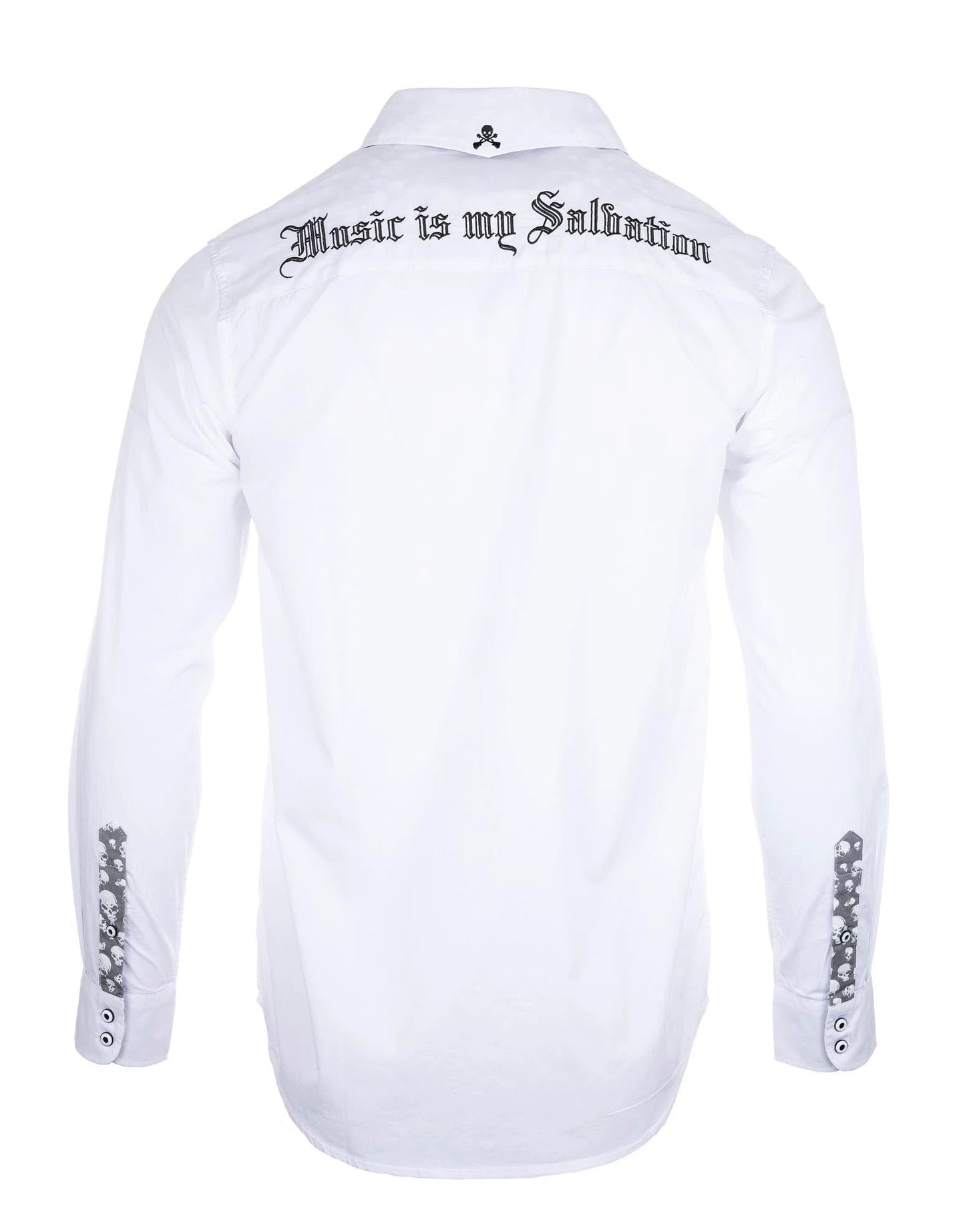 Music Is My Salvation II Shirt back view white rock-inspired cotton button-up with embroidered “Music is my Salvation” lettering and skull contrast collar.