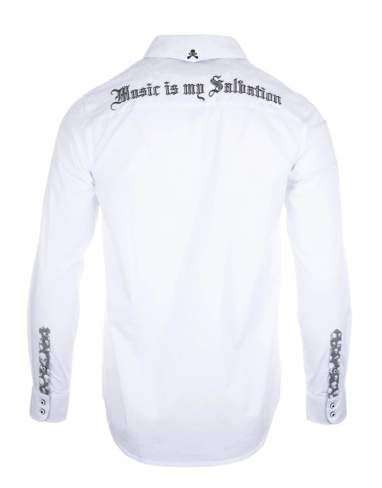 Music Is My Salvation II Shirt back view white rock-inspired cotton button-up with embroidered “Music is my Salvation” lettering and skull contrast collar.