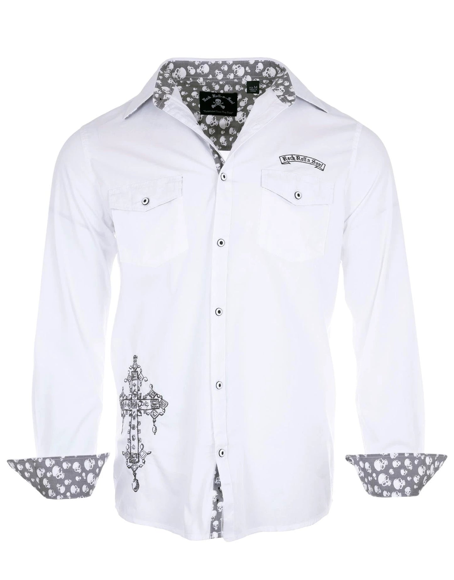 Music Is My Salvation II Shirt front view with skull contrast cuffs and embroidered cross graphic on white premium cotton rock-style button-up shirt.