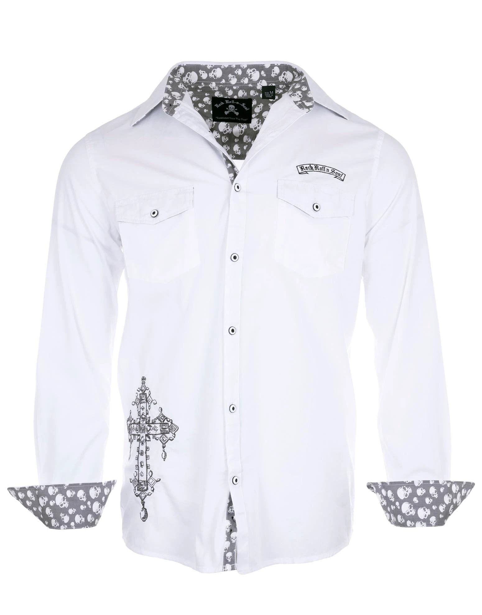 Music Is My Salvation II Shirt front view with skull contrast cuffs and embroidered cross graphic on white premium cotton rock-style button-up shirt.