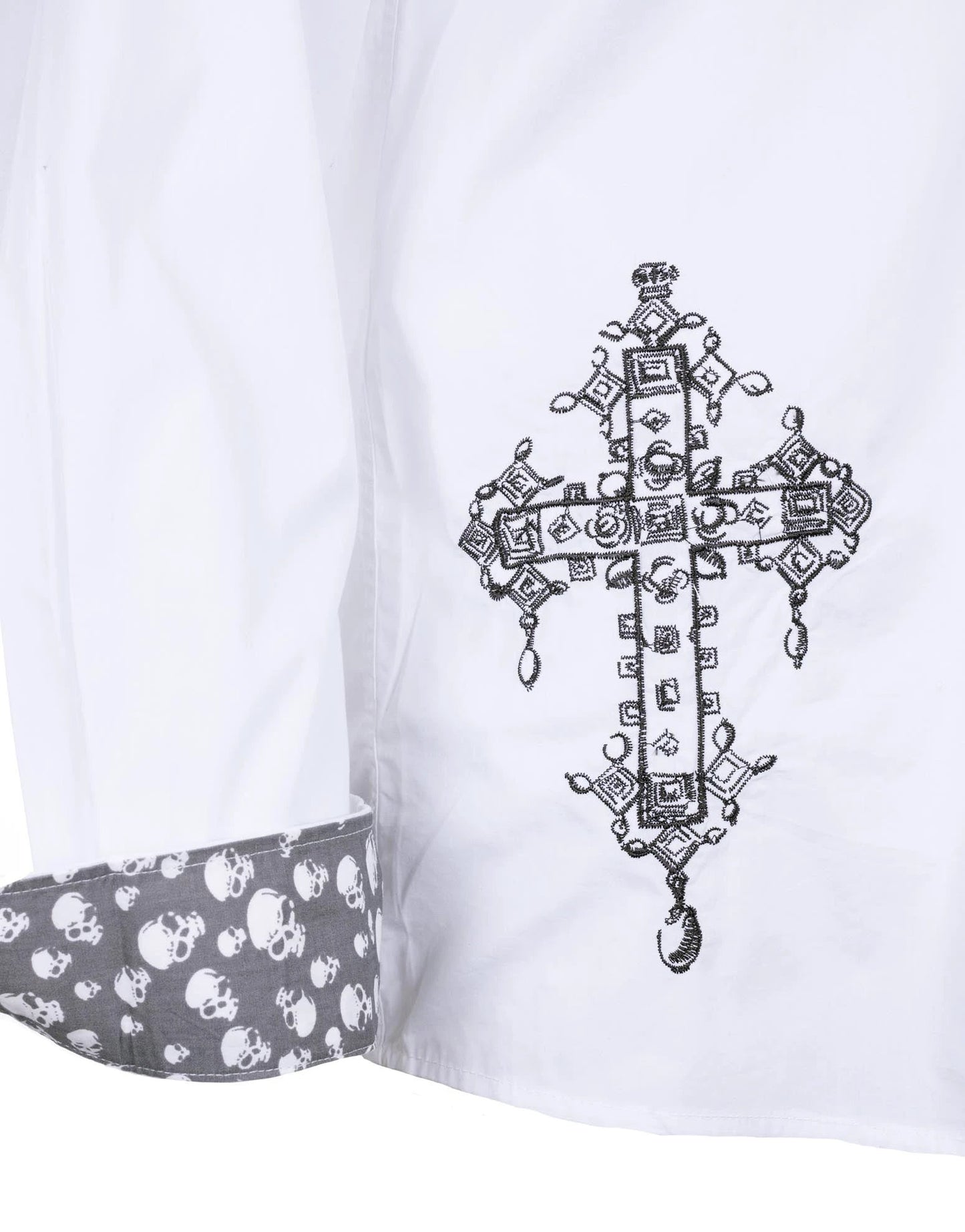 Close-up of Music Is My Salvation II Shirt showing embroidered gothic cross graphic and skull contrast cuff fabric on white cotton rock shirt.