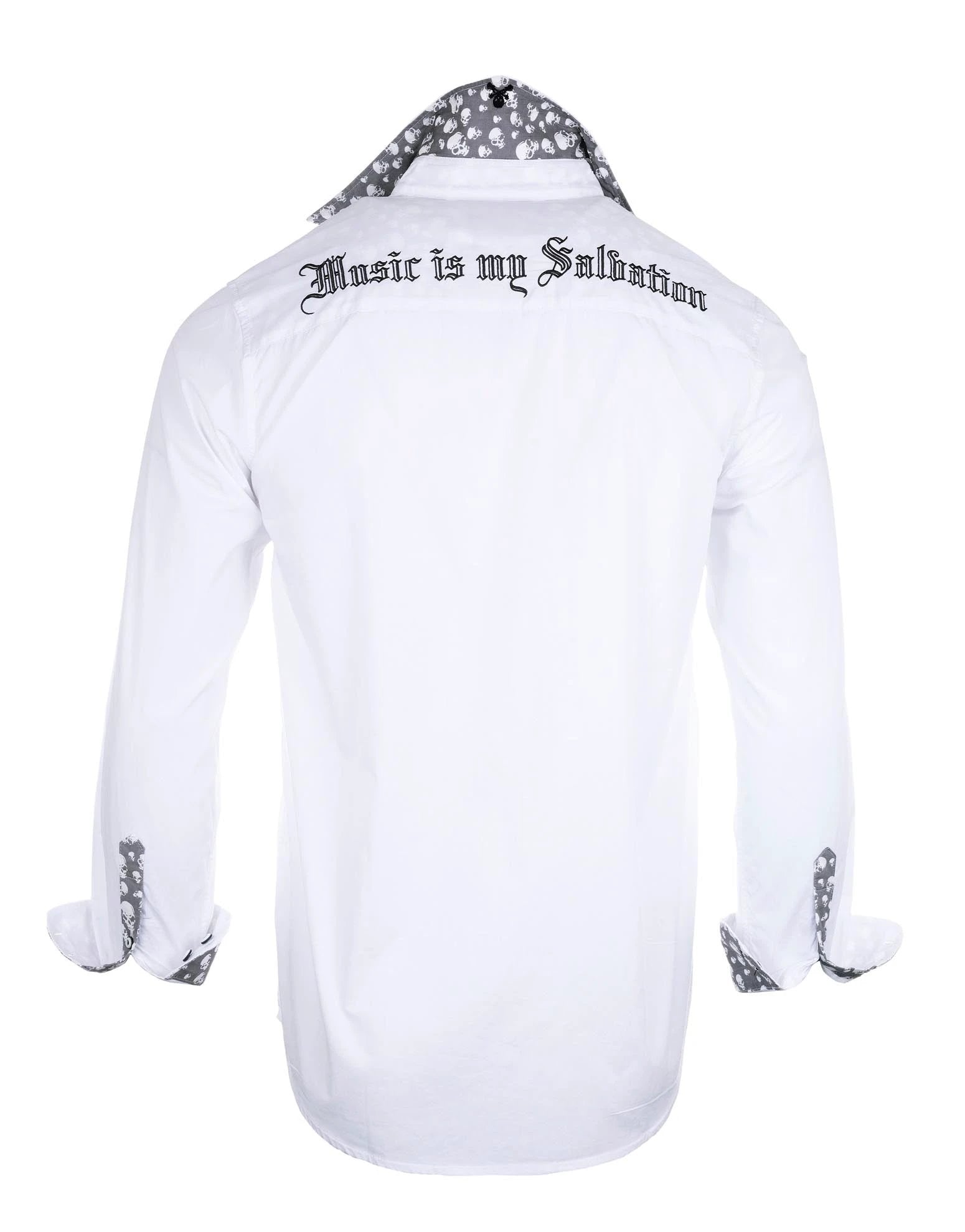 White Music Is My Salvation II Shirt back view featuring gothic embroidered “Music is my Salvation” text and skull pattern collar lining.