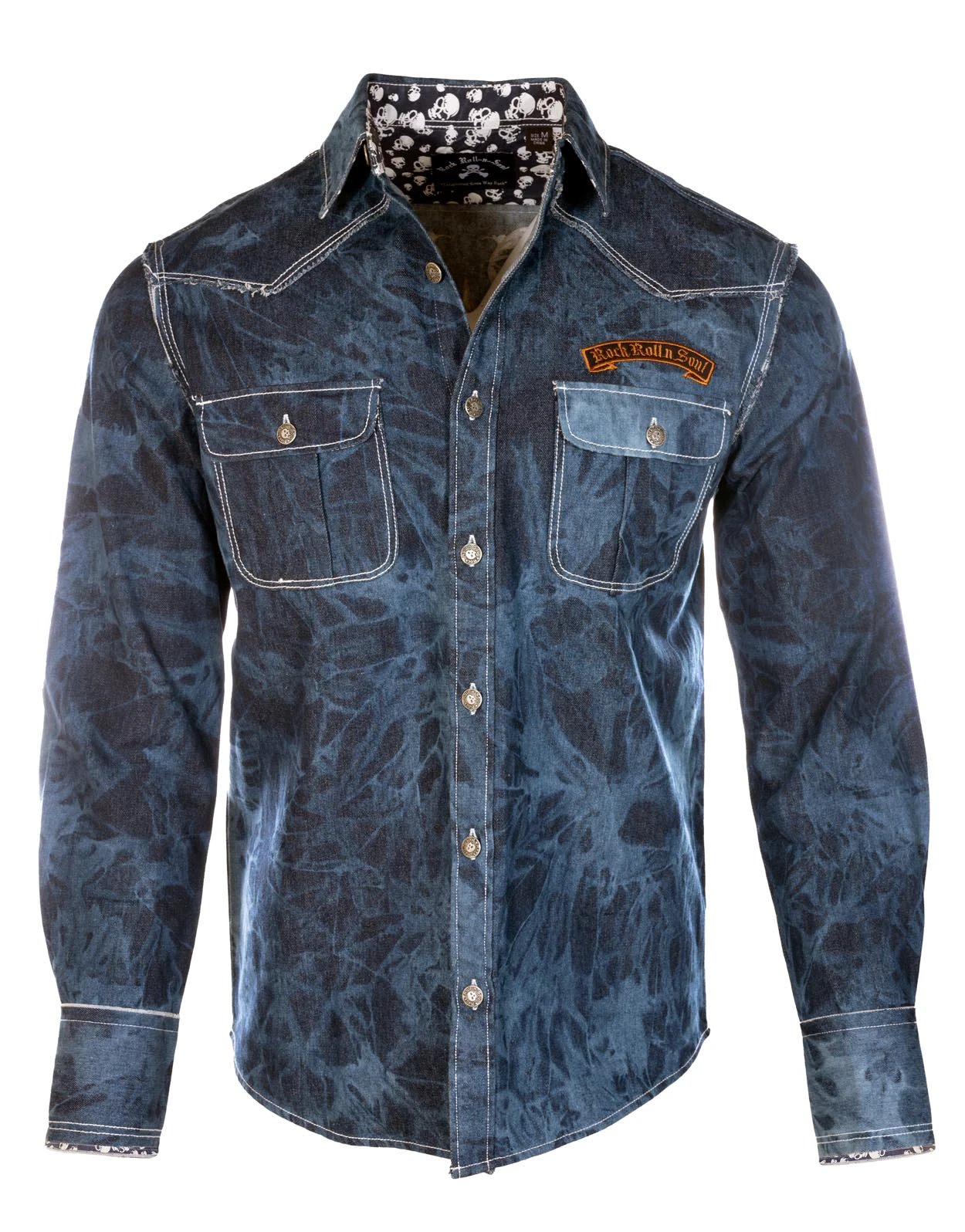 Rooster denim shirt cuff with skull print contrast fabric