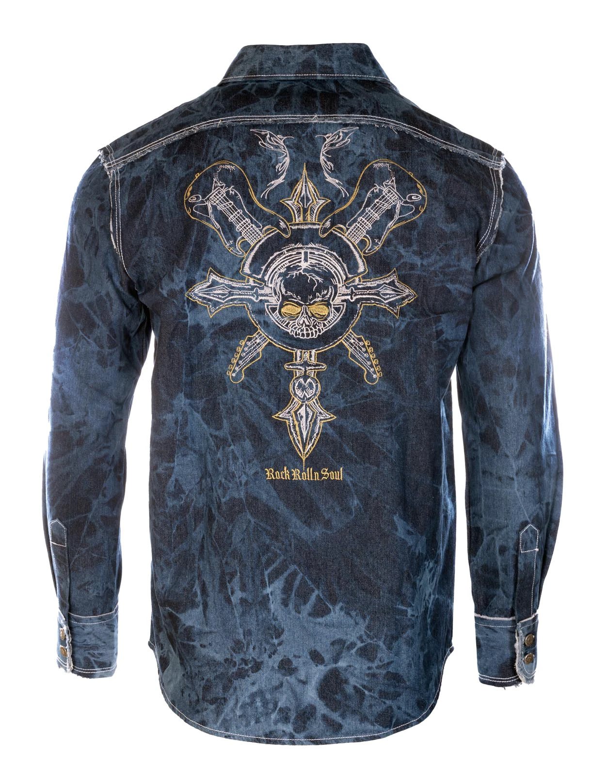 Rooster denim shirt with embroidered back graphic vintage wash cotton