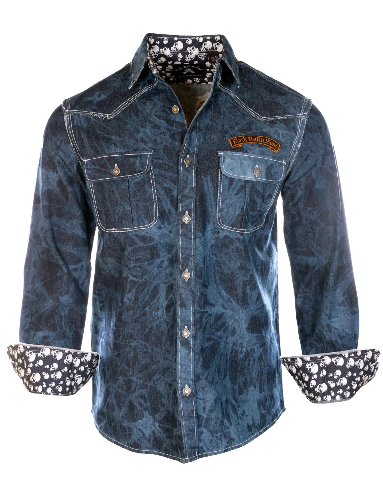 Rooster vintage wash denim shirt with skull buttons front view