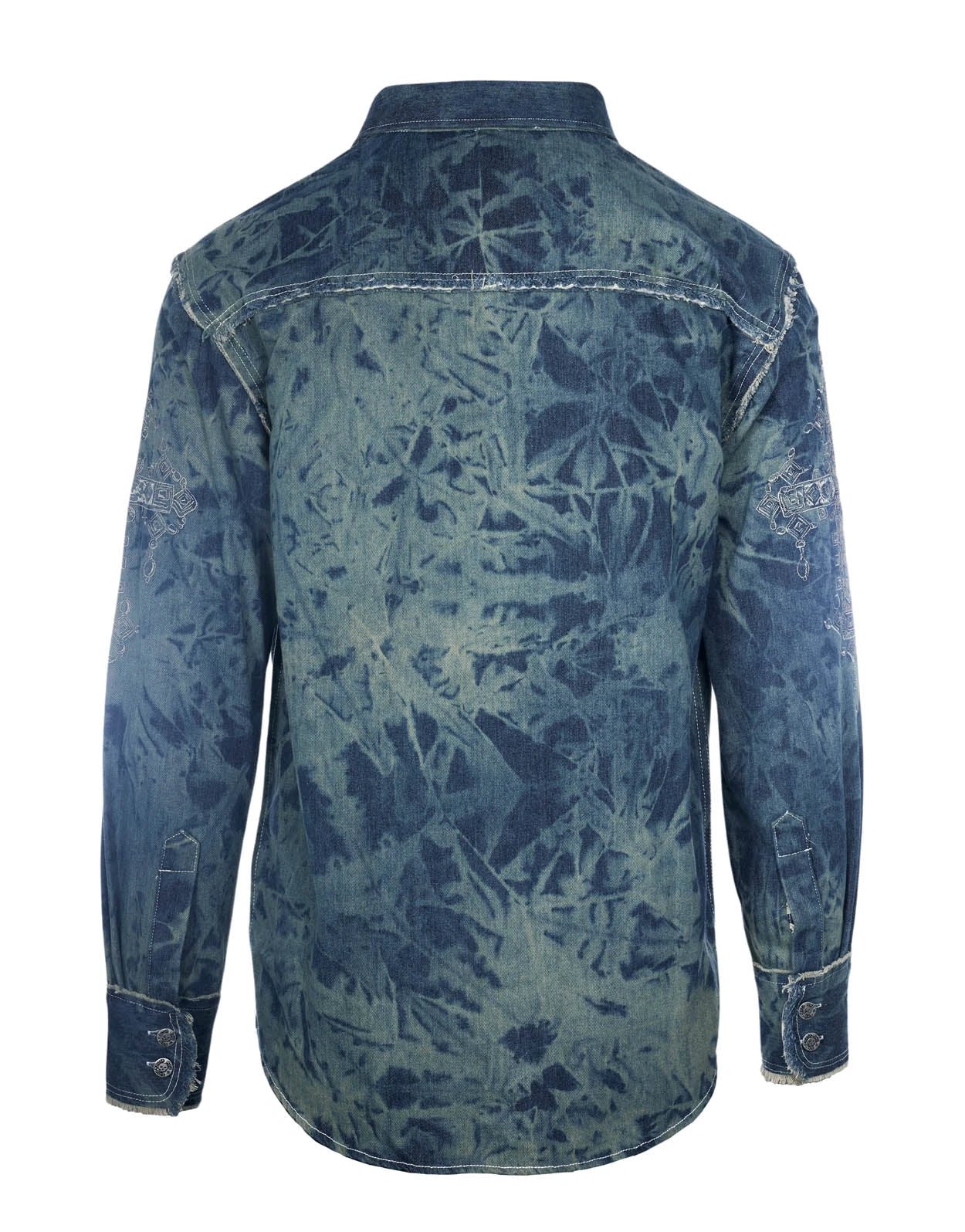 Close-up back detail of Veneno skull denim jacket with embroidered skull sleeve design and textured denim fabric