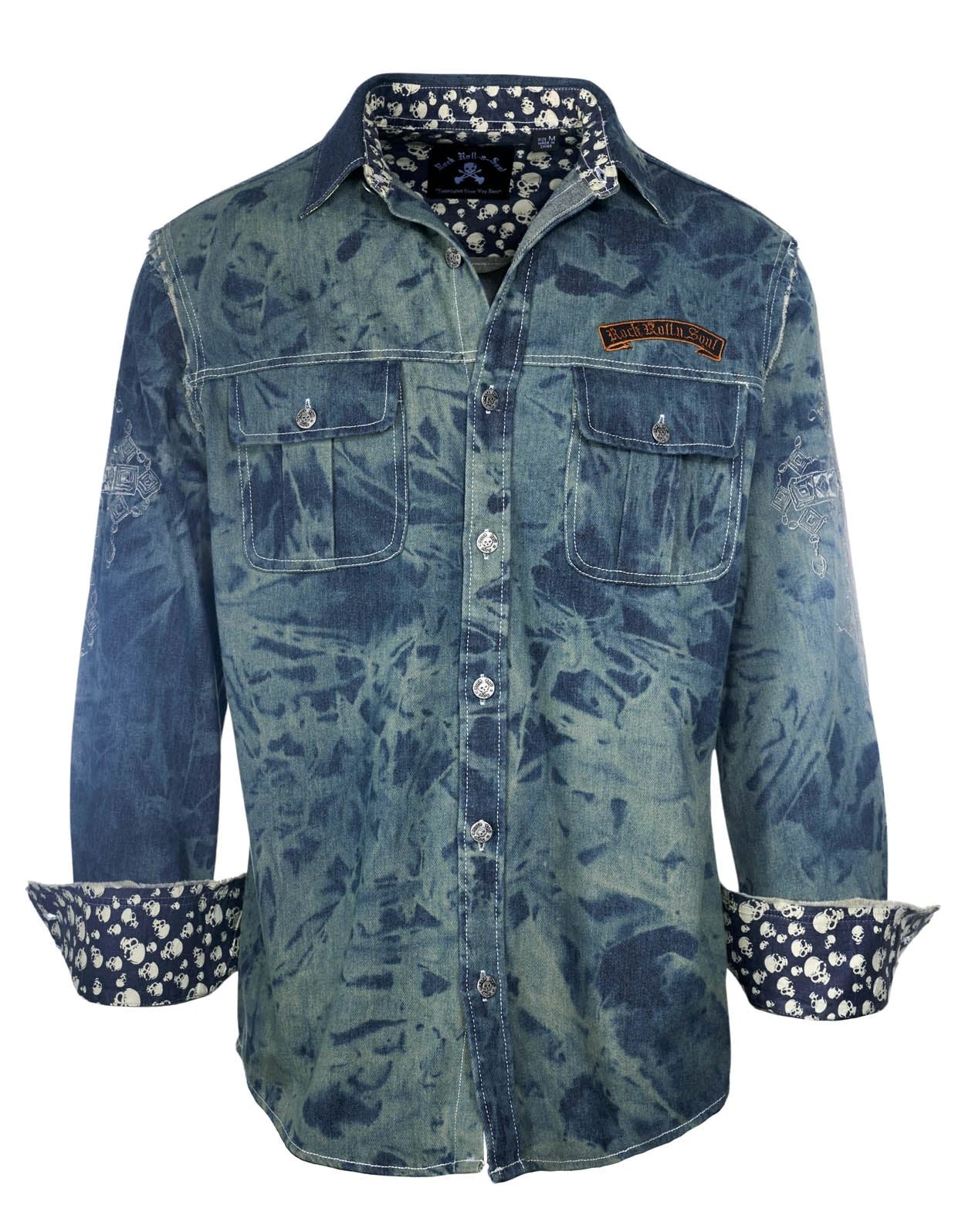 Veneno skull denim jacket front view with silver skull buttons and vintage hand-washed cotton denim