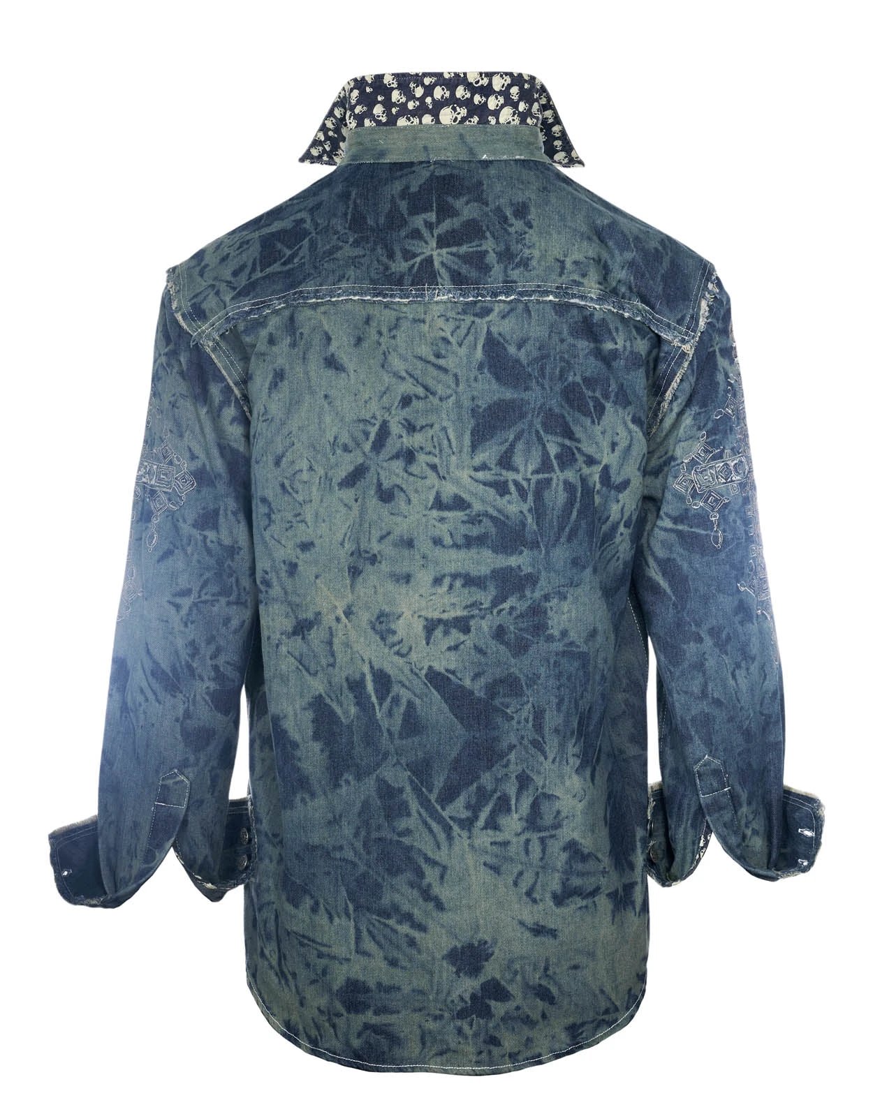 Close-up back detail of Veneno skull denim jacket with embroidered skull sleeve design and textured denim fabric