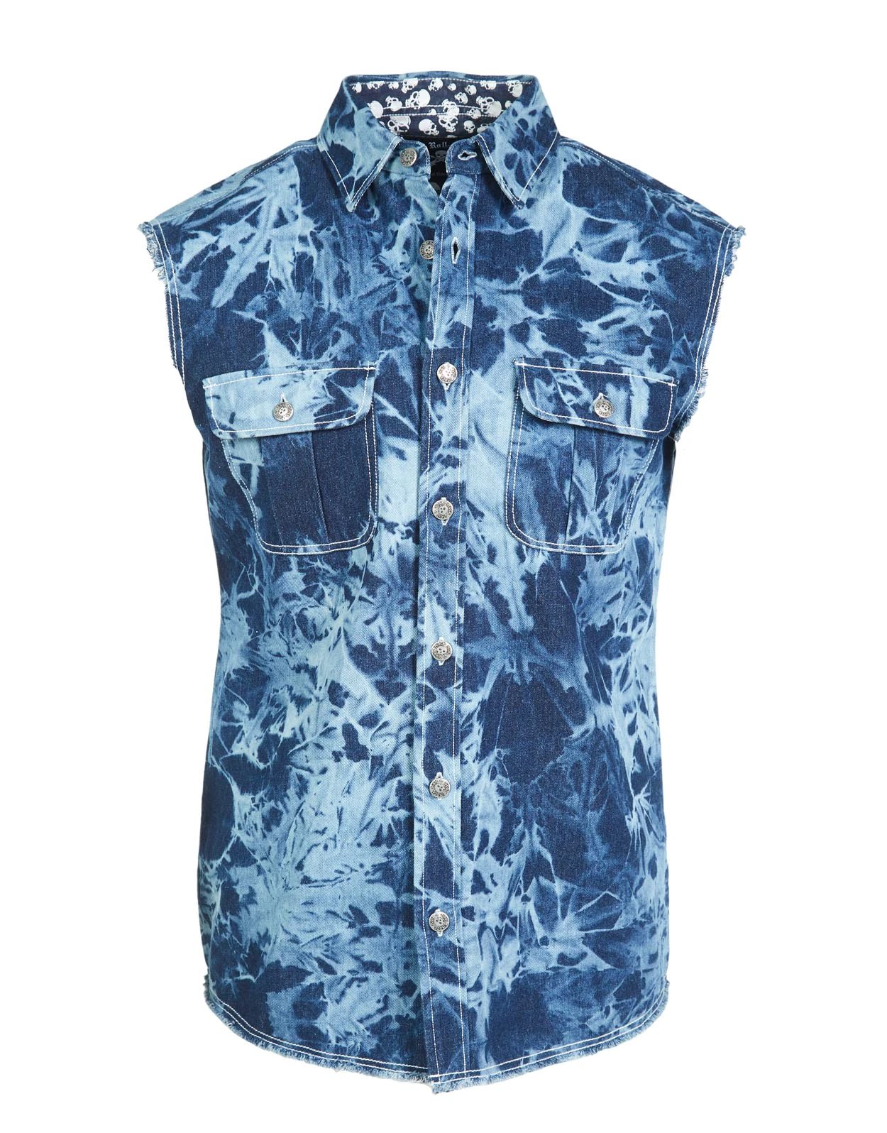 Sleeveless Beers and Sunshine shirt front view with skull button closure and dual flap pockets on blue tie-dye cotton