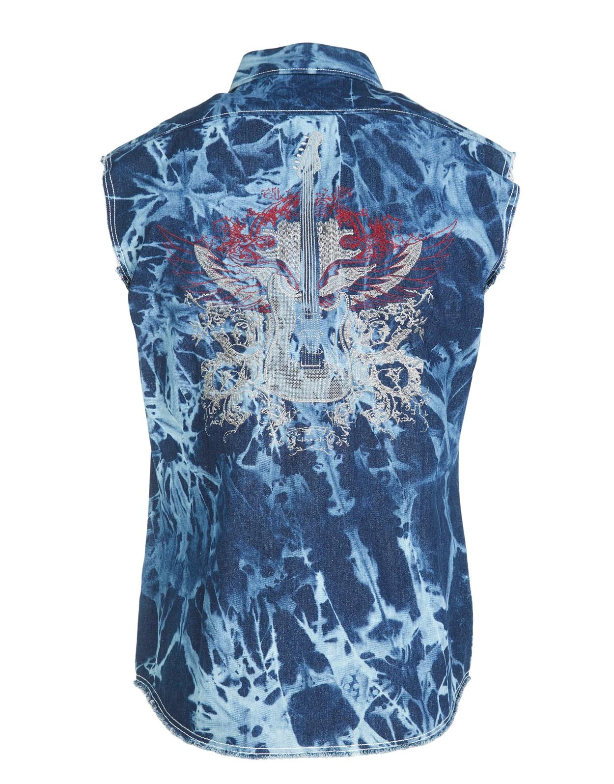 Sleeveless Beers and Sunshine shirt with large embroidered guitar wing graphic on blue tie-dye sleeveless cotton shirt