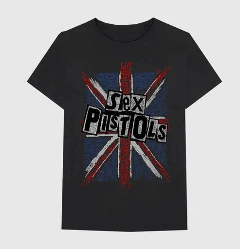 Black t-shirt with 'Sex Pistols' logo featuring a Union Jack design on a gray background