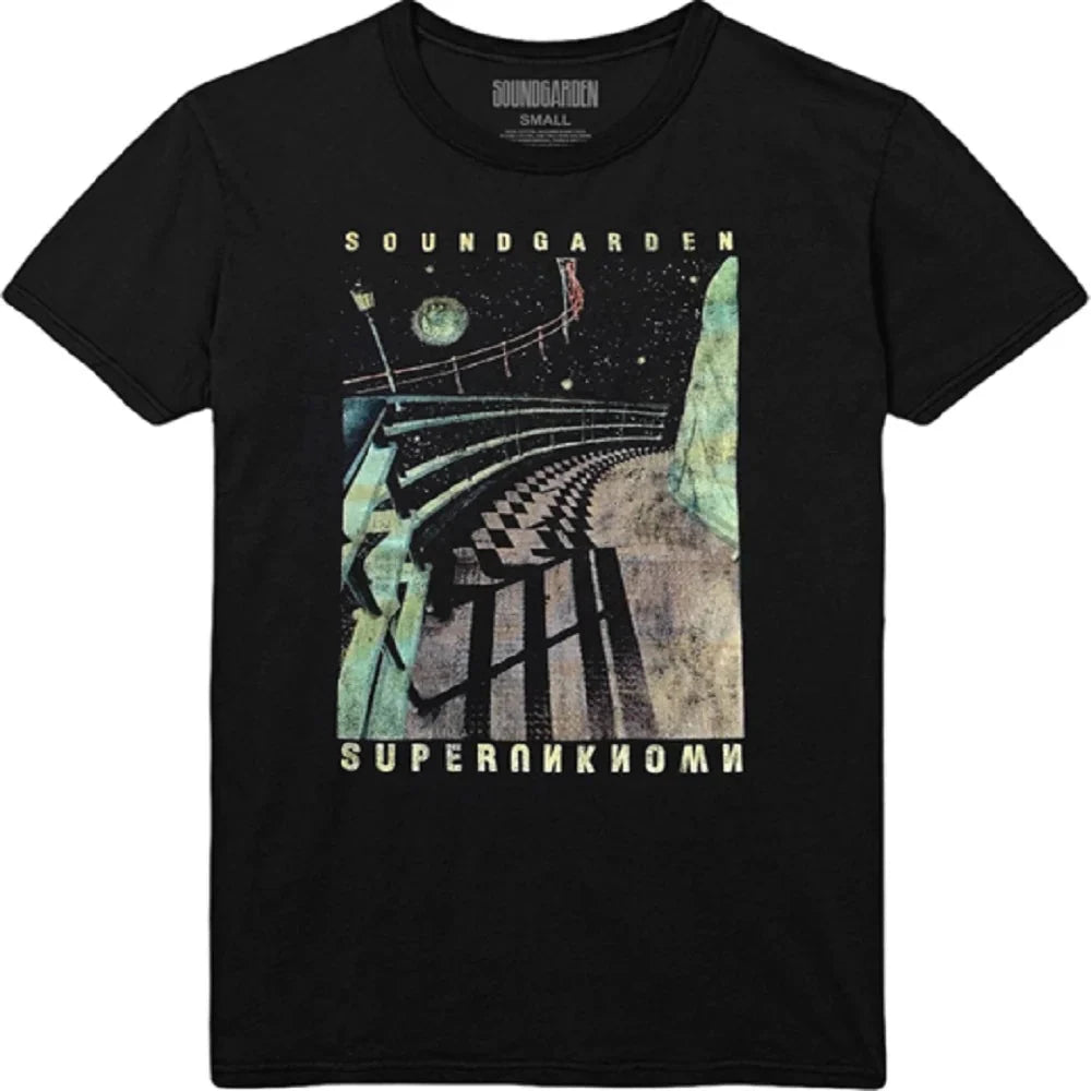 Black t-shirt with Soundgarden graphic design on a white background