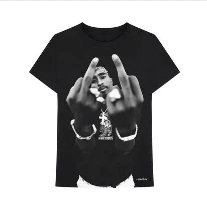 Men’s black Tupac Shakur T-shirt featuring a bold graphic of Tupac raising his middle finger, iconic hip-hop style.