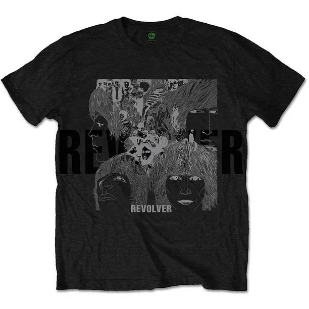Black t-shirt with graphic design and 'Revolver' text on a white background
