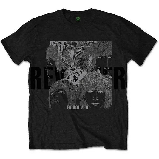 Black t-shirt with graphic design and 'Revolver' text on a white background
