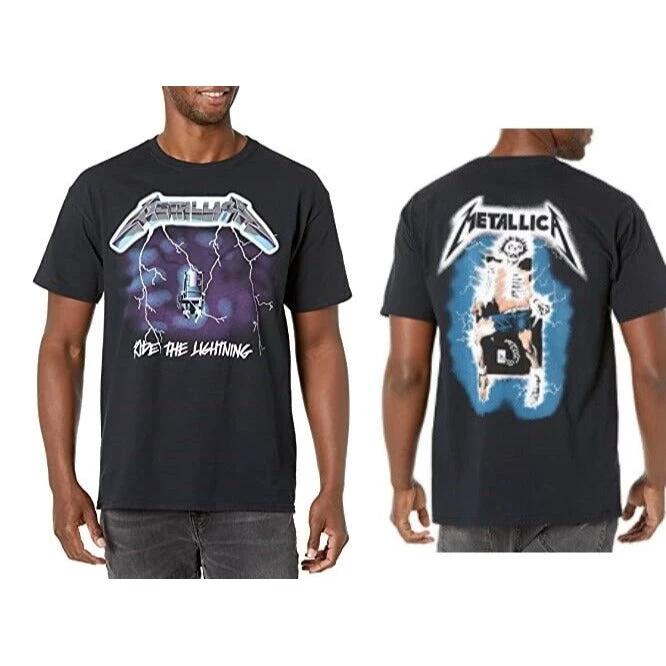 man wearing Metallica Ride the Lightning t-shirt showing front album graphic and back electric chair design on black heavy metal band tee