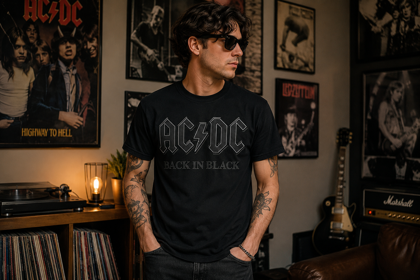 Male model wearing AC/DC Back In Black outline logo t-shirt in vintage rock music room with guitars, vinyl records, and classic band posters