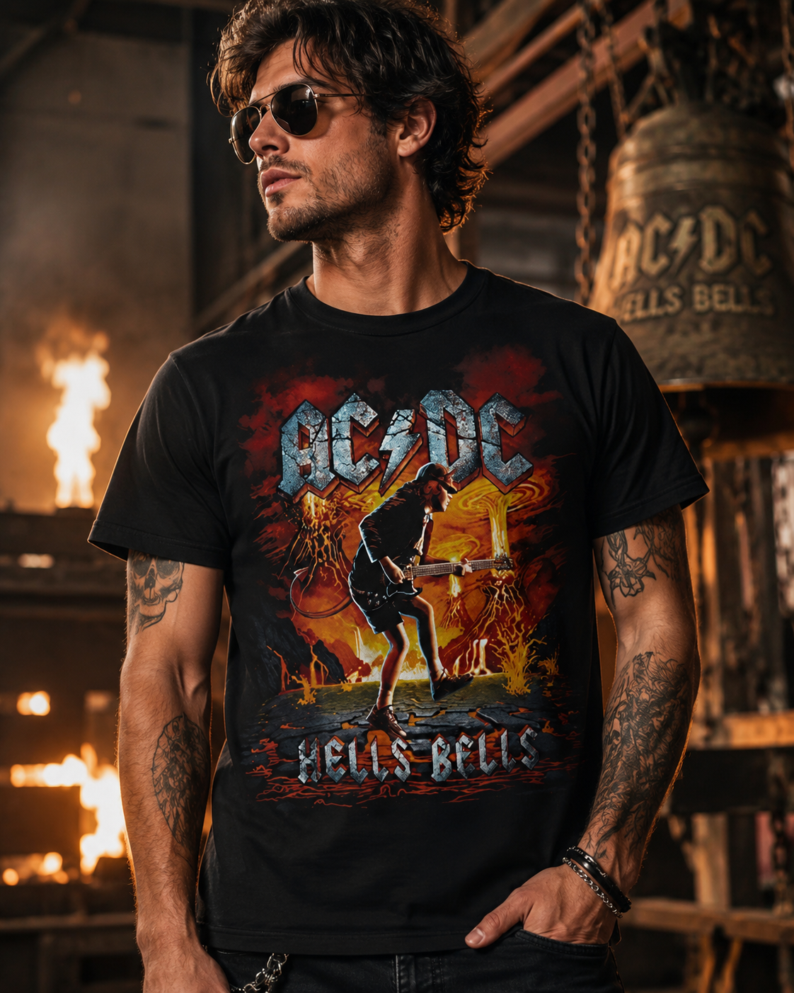 Male model wearing an AC/DC Hells Bells T-shirt in a dramatic industrial setting with fire-lit background and classic rock atmosphere. Officially licensed AC/DC band tee featuring Hells Bells artwork inspired by the legendary hard rock anthem and Back in Black era.