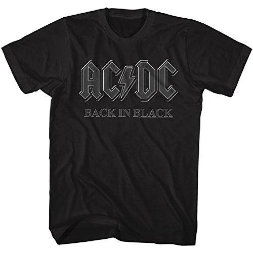 Black t-shirt with AC/DC logo and 'Back in Black' text on a white background