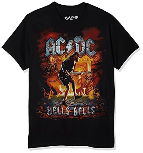 AC/DC Hells Bells Rock Eruption men’s T-shirt featuring Angus Young guitar graphic with fiery eruption artwork.