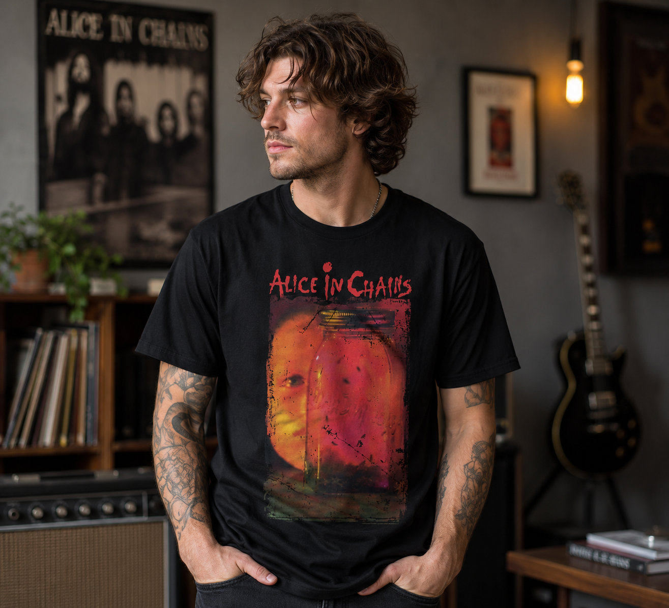 Male model wearing an Alice in Chains Jar of Flies t-shirt featuring iconic album artwork in a music-themed room with guitars, records, and classic rock decor.