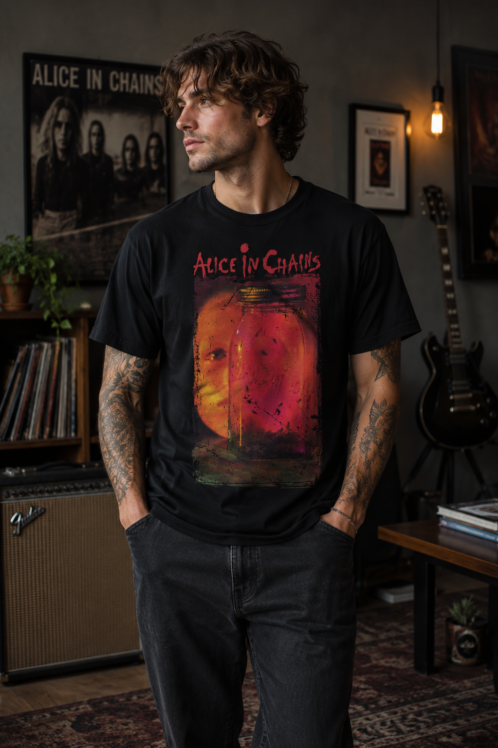 Male model wearing an officially licensed Alice in Chains Jar of Flies t-shirt in a grunge-inspired music room with vinyl records, guitar, and vintage rock decor.