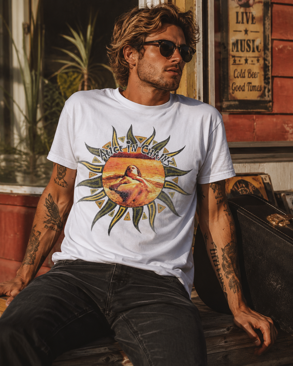 Male model wearing an officially licensed Alice in Chains Sunburst Logo White T-Shirt while relaxing on a rustic porch with guitar case and vintage rock-inspired atmosphere.