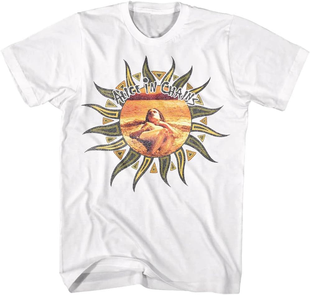 Officially licensed Alice in Chains Sunburst Logo White T-Shirt featuring vintage-inspired sunburst artwork and classic Seattle grunge band design.