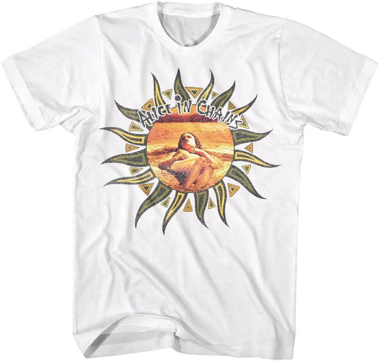 Officially licensed Alice in Chains Sunburst Logo White T-Shirt featuring vintage-inspired sunburst artwork and classic Seattle grunge band design.