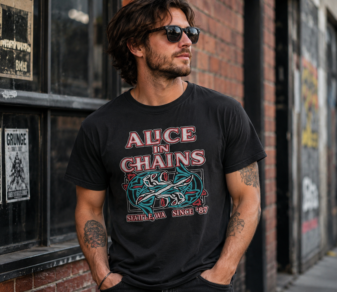 Male model wearing Alice in Chains Totem Fish T-Shirt in an urban grunge setting featuring Seattle-inspired artwork and alternative rock style