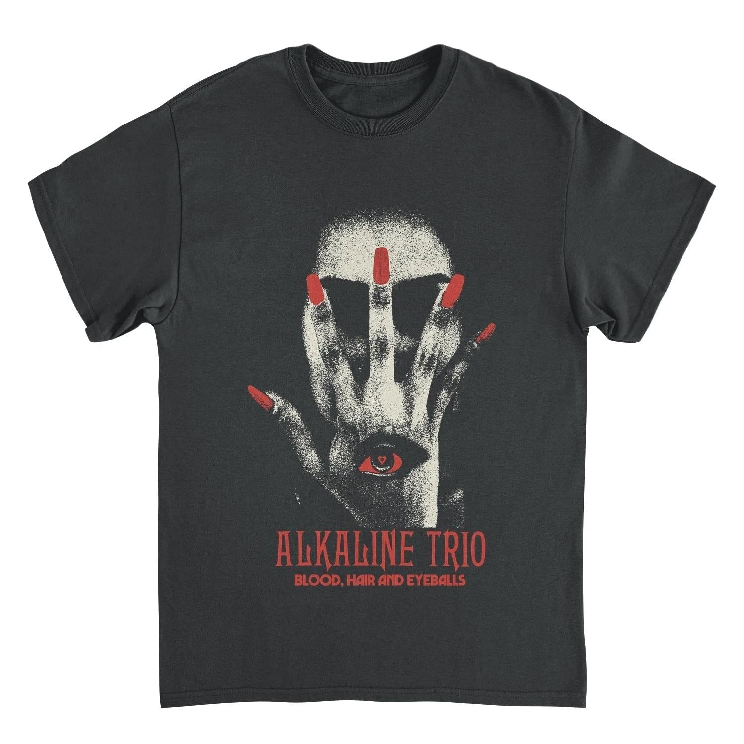Alkaline Trio BHE 4Hand black t shirt featuring hand with red nails and eyeball graphic Blood Hair and Eyeballs design