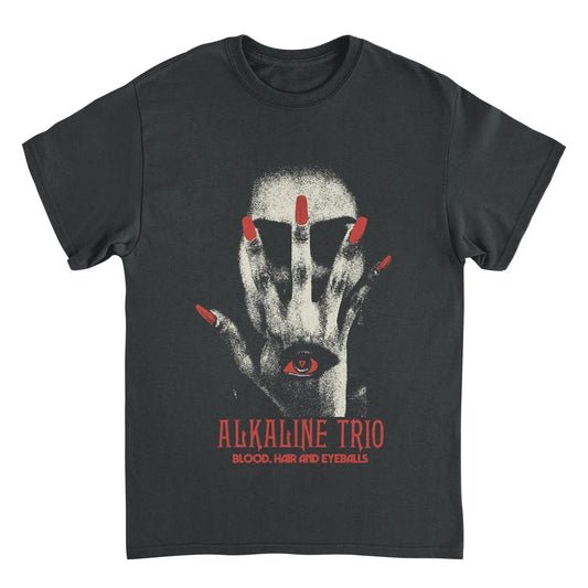 Alkaline Trio BHE 4Hand black t shirt featuring hand with red nails and eyeball graphic Blood Hair and Eyeballs design