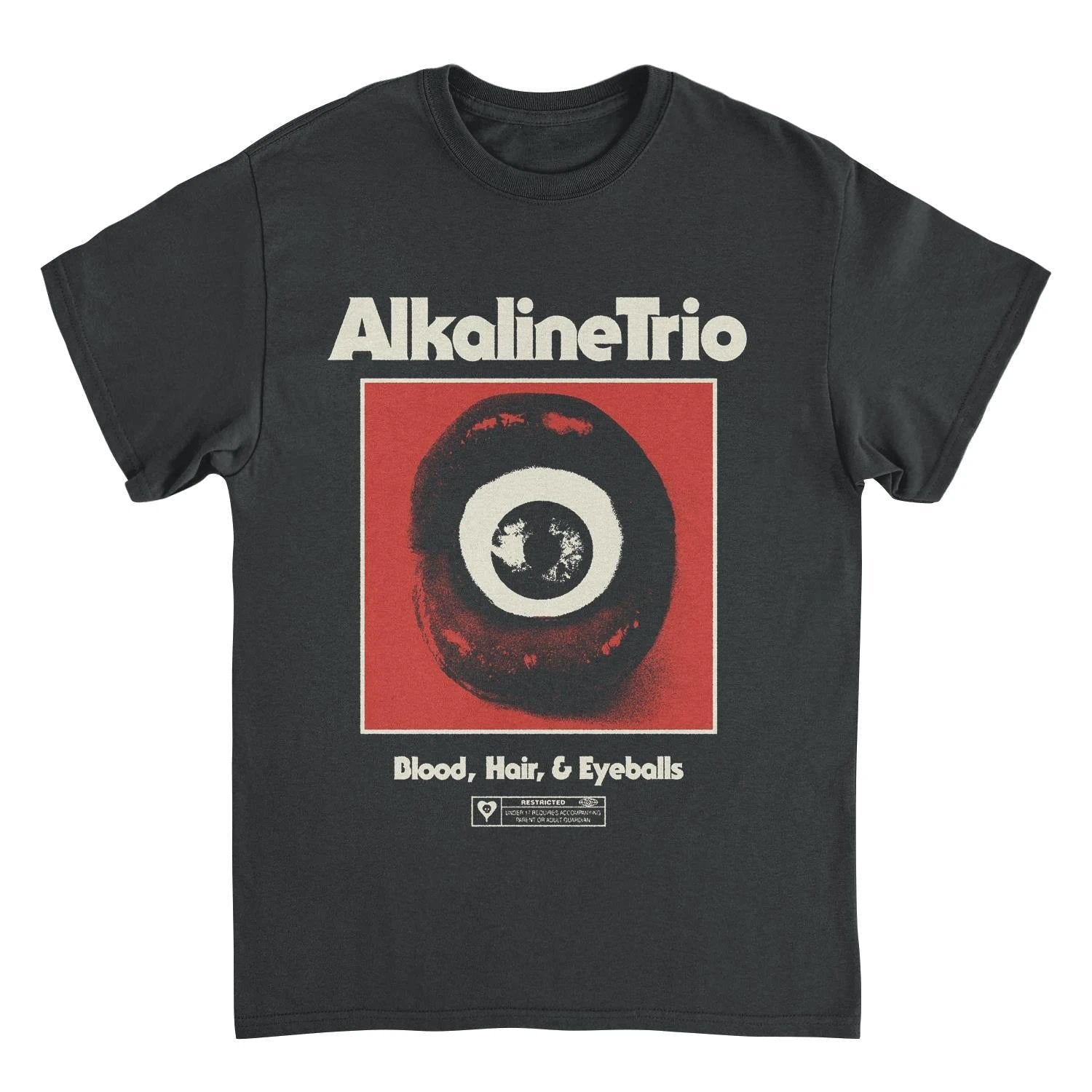 Alkaline Trio BHE Lips black t shirt featuring red lips with eyeball graphic and Blood Hair and Eyeballs design
