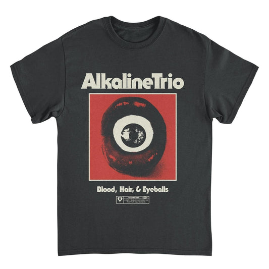 Alkaline Trio BHE Lips black t shirt featuring red lips with eyeball graphic and Blood Hair and Eyeballs design