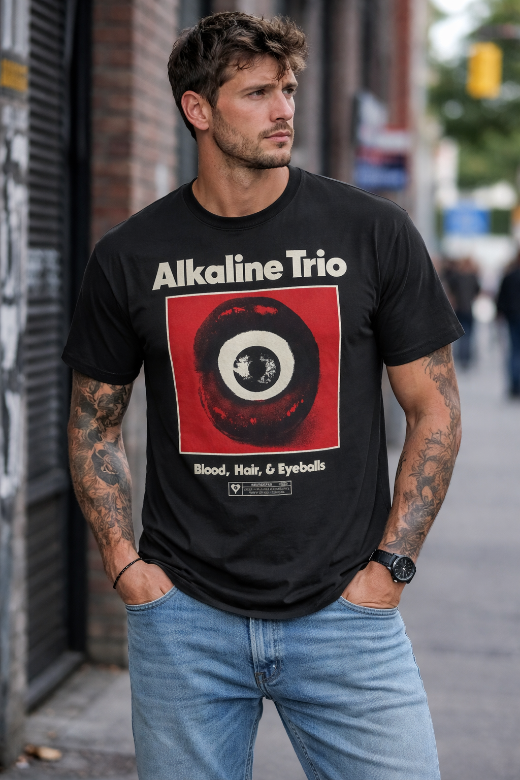 male model wearing Alkaline Trio BHE Lips black t shirt with eyeball graphic streetwear style